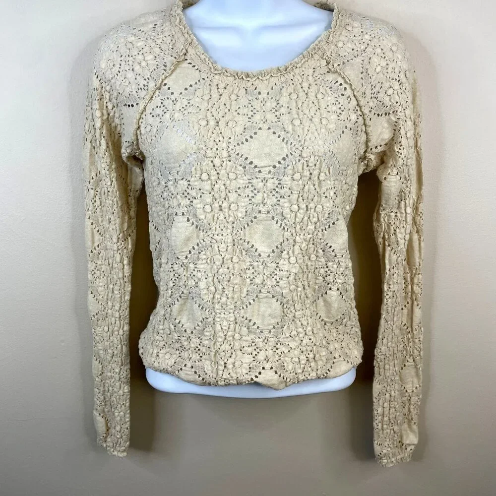 Free‎ People Womens Crochet Lace Boho Top Size S Ivory Long Sleeve Cowgirl Comfy